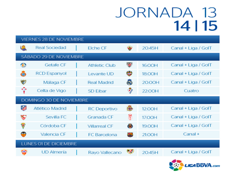 Calendario | Jornada Décimo tercera | Liga BBVA | Temporada 2014-2015 | Del 28 de noviembre al 1 de diciembre de 2014