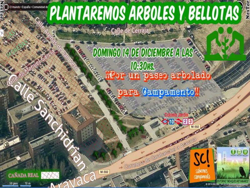 'Plantaremos Árboles y Bellotas' | '¡Por un paseo arbolado para Campamento!' | Grupo Entorno Meaques-Retamares y Plataforma Ciudadana Salvemos Campamento de Madrid | Domingo 14 de diciembre de 2014